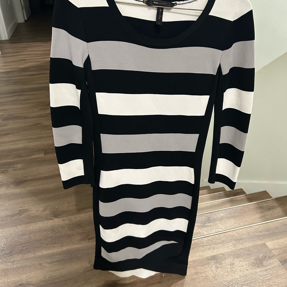 Black and White Midi Sheath Dress with Long Cuffed Sleeves and Scoop Neck